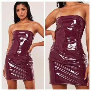 Missguided Vinyl PVC Leather Burgundy Wine Red Strapless Mini Dress